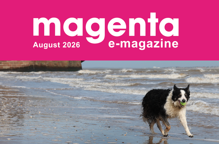 Magenta e-magazine August 2026 banner featuring a dog walking along a beach by the sea.