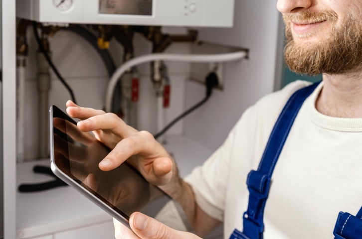 Technician inspecting a household boiler and recording information on a tablet.