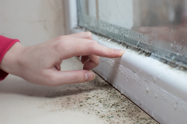 A hand touching a damp, mouldy windowsill with condensation on the glass