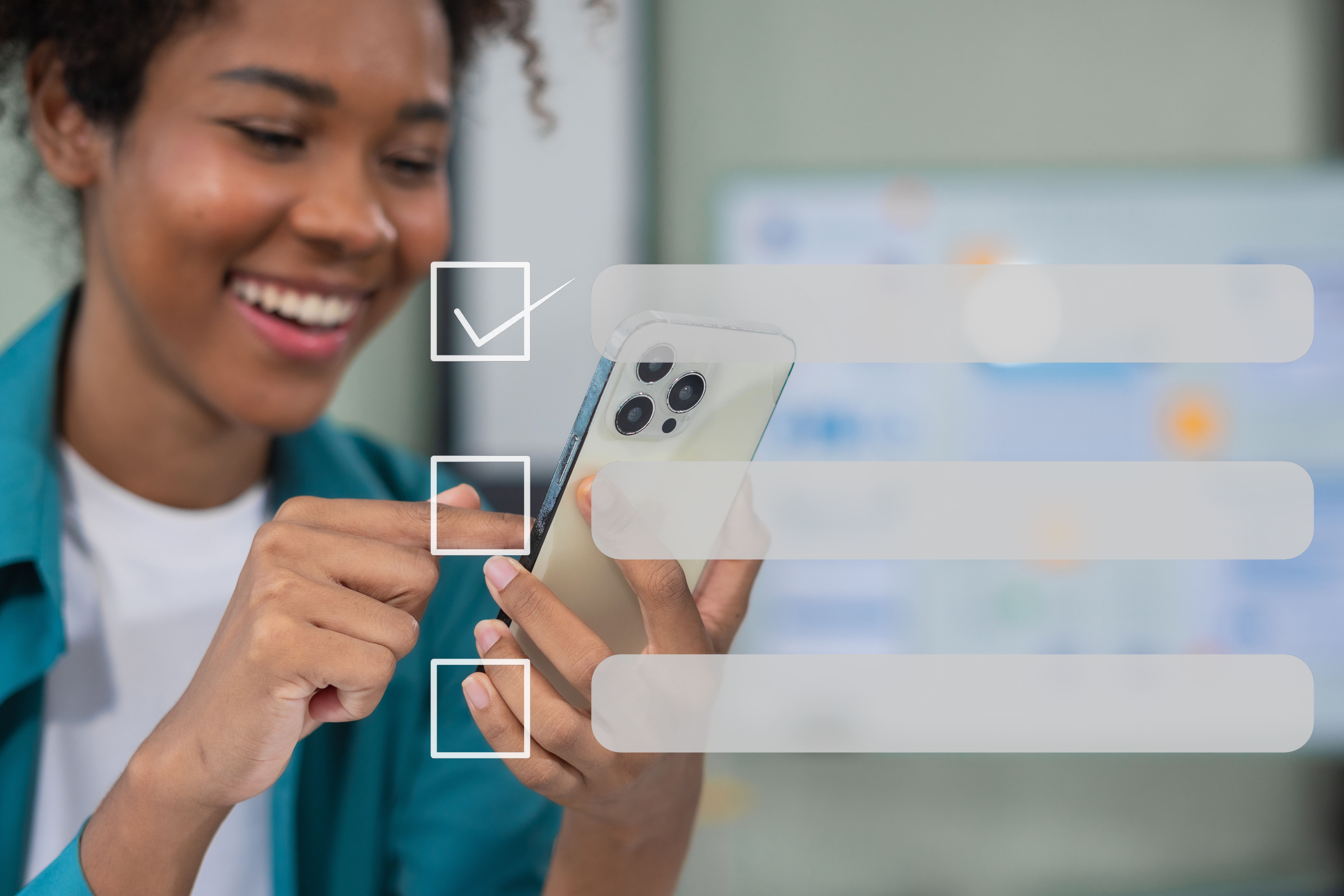 Close-up of a person holding a smartphone, with a digital checklist interface and tick boxes overlaid on the screen.