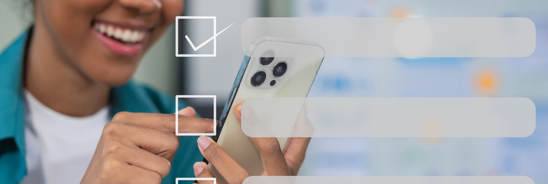 Close-up of a person holding a smartphone, with a digital checklist interface and tick boxes overlaid on the screen.