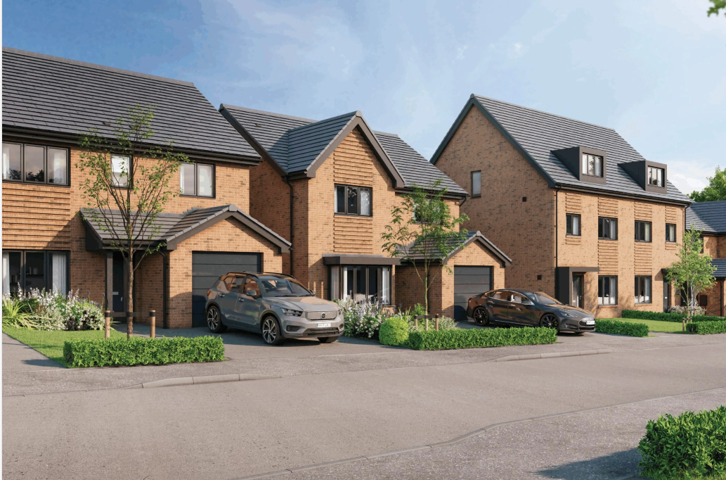 Row of new brick homes with driveways, cars and small front gardens on a sunny day.