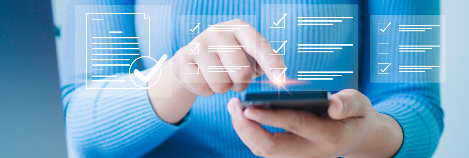 Person tapping a smartphone with a digital checklist and tick boxes displayed on screen.